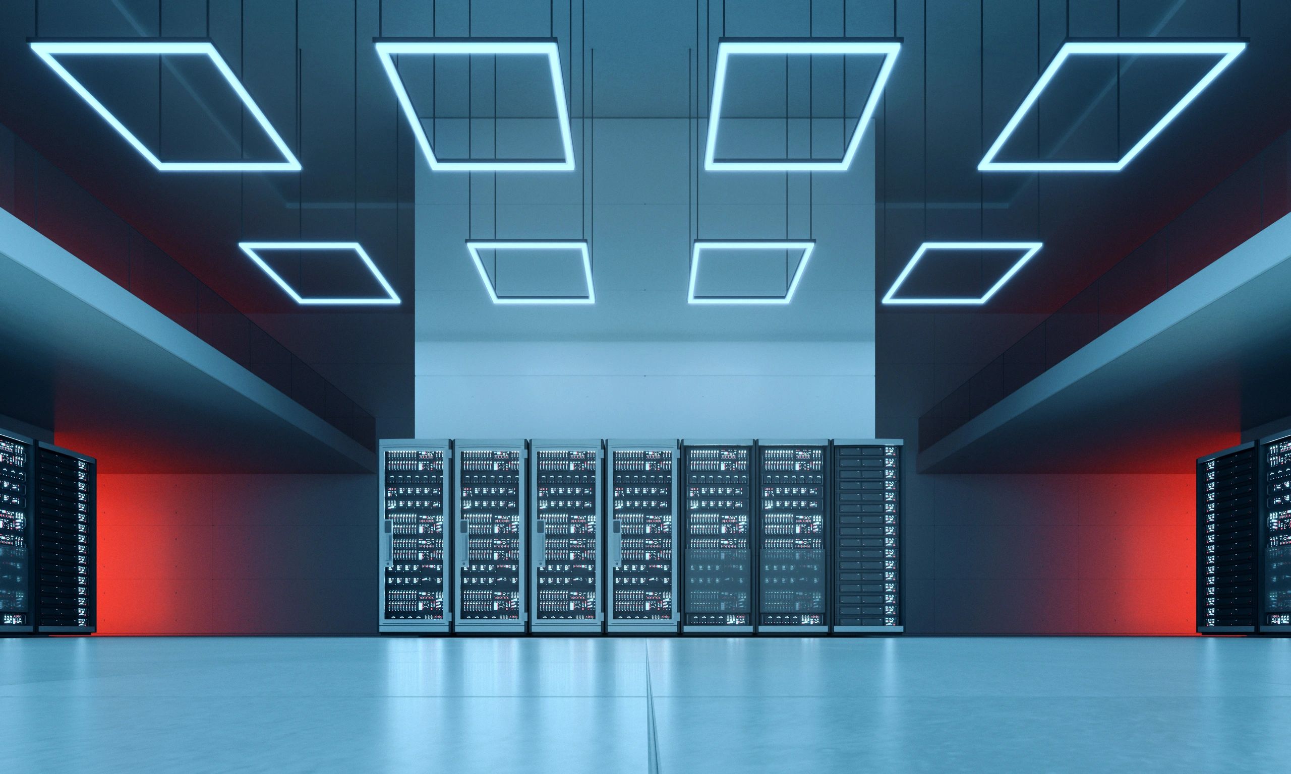 Modern data center hall with aligned server infrastructure