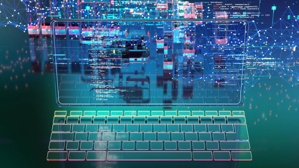 Abstract program code representing big data, artificial intelligence, machine learning, quantum computing, and digital transformation technologies. Keyboard against the backdrop of virtual computing.